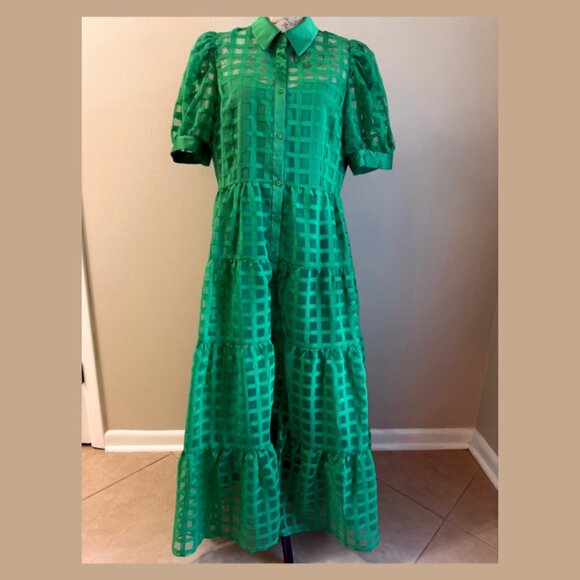 English Factory Green Gridded Dress, Size Large, Beautiful - Picture 2 of 4